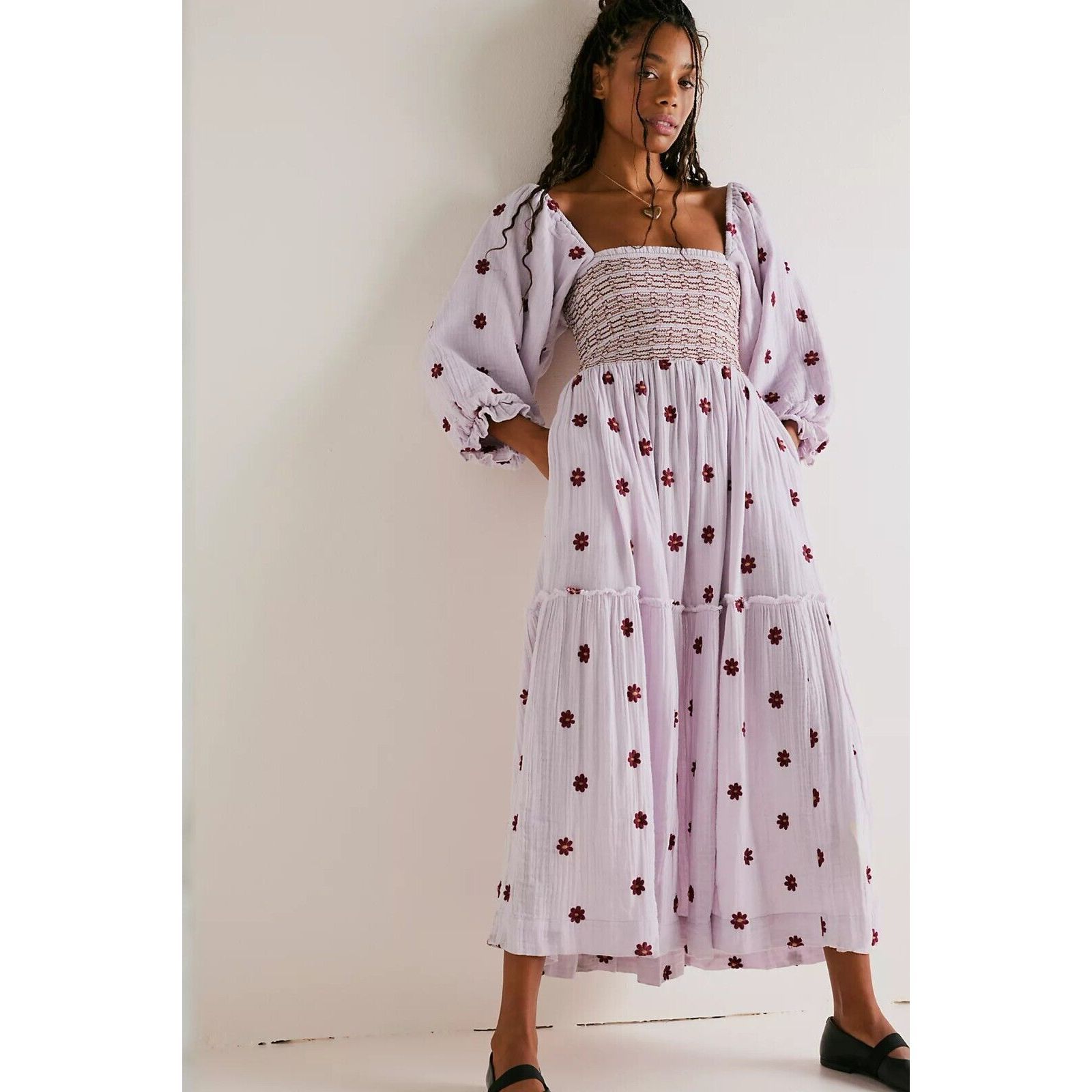 Free People Dahlia Embroidered Maxi Dress Smocked Floral Size Xs B-2